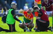 21 April 2024; Chris Nolan of Carlow gets a drink of water after an injury during the Leinster GAA Hurling Senior Championship Round 1 match between Galway and Carlow at Pearse Stadium in Galway. Photo by Ray Ryan/Sportsfile