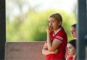 21 April 2024; Emily McCann of Tyrone watches on neverously in the final moments of the Electric Ireland All-Ireland Camogie Minor C semi-final match between Tyrone and Wicklow at Dunganny in Meath. Photo by Sam Barnes/Sportsfile