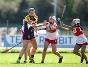 21 April 2024; Shauna Mac Sweeney of Wexford scores her side's first goal during the Electric Ireland All-Ireland Camogie Minor A Shield semi-final match between Derry and Wexford at Clane in Kildare. Photo by Daire Brennan/Sportsfile