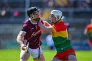 21 April 2024; Fiachra Fitzpatrick of Carlow in action against Seán Linnane of Galway during the Leinster GAA Hurling Senior Championship Round 1 match between Galway and Carlow at Pearse Stadium in Galway. Photo by Ray Ryan/Sportsfile