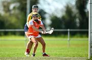 21 April 2024; Ríonagh Lenaghan of Armagh scores her side's first goal during the Electric Ireland All-Ireland Camogie Minor B semi-final match between Armagh and Carlow at Dunganny in Meath. Photo by Sam Barnes/Sportsfile