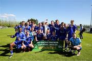 21 April 2024; Waterford & District Junior Football League players celebrate with the trophy after the FAI Oscar Traynor Inter-League Cup final match between Mayo Football League and Waterford & District Junior League at Umbro Park, Milebush, Castlebar in Mayo. Photo by Michael P Ryan/Sportsfile