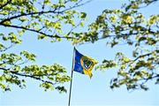 21 April 2024; A Roscommon flag inside the ground before the Connacht GAA Football Senior Championship semi-final match between Roscommon and Mayo at Dr Hyde Park in Roscommon. Photo by Piaras Ó Mídheach/Sportsfile