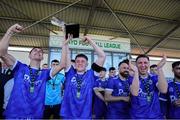 21 April 2024; Waterford & District Junior Football League captain Adam Conway lifts the trophy after the FAI Oscar Traynor Inter-League Cup final match between Mayo Football League and Waterford & District Junior League at Umbro Park, Milebush, Castlebar in Mayo. Photo by Michael P Ryan/Sportsfile