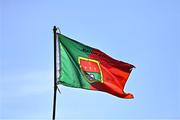 21 April 2024; A Mayo flag flying inside the ground before the Connacht GAA Football Senior Championship semi-final match between Roscommon and Mayo at Dr Hyde Park in Roscommon. Photo by Piaras Ó Mídheach/Sportsfile