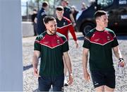 21 April 2024; Mayo players Padraig O'Hora, left, and Stephen Coen before the Connacht GAA Football Senior Championship semi-final match between Roscommon and Mayo at Dr Hyde Park in Roscommon. Photo by Piaras Ó Mídheach/Sportsfile