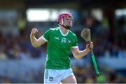 21 April 2024; Donnacha Ó Dalaigh of Limerick celebrates after scoring his side's second goal during the Munster GAA Hurling Senior Championship Round 1 match between Clare and Limerick at Cusack Park in Ennis, Clare. Photo by John Sheridan/Sportsfile