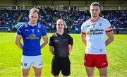 21 April 2024; Referee David Coldrick with team captains Padraig Faulkner of Cavan and Brian Kennedy of Tyrone before the Ulster GAA Football Senior Championship quarter-final match between Cavan and Tyrone at Kingspan Breffni in Cavan. Photo by Seb Daly/Sportsfile