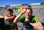 21 April 2024; Carlow supporters Daragh Fitzpatrick and Keith Gavin during the Leinster GAA Hurling Senior Championship Round 1 match between Galway and Carlow at Pearse Stadium in Galway. Photo by Ray Ryan/Sportsfile