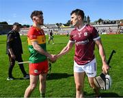 21 April 2024; Daithí Burke of Galway shakes hands with Chris Nolan of Carlow after the game in the Leinster GAA Hurling Senior Championship Round 1 match between Galway and Carlow at Pearse Stadium in Galway. Photo by Ray Ryan/Sportsfile