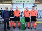 21 April 2024; League of Ireland Underage coordinator Pat Duffy left, with match officials from left, fourth official Andy Hall, assistant Stephen Rooney, referee Brian Higgins, and assistant Shane O'Donoghue after the FAI Oscar Traynor Inter-League Cup final match between Mayo Football League and Waterford & District Junior League at Umbro Park, Milebush, Castlebar in Mayo. Photo by Michael P Ryan/Sportsfile