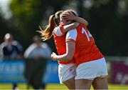 21 April 2024; Naoise Hughes, right, and Erin Murphy of Armagh celebrate after their side's victory in the Electric Ireland All-Ireland Camogie Minor B semi-final match between Armagh and Carlow at Dunganny in Meath. Photo by Sam Barnes/Sportsfile