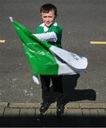 21 April 2024; Limerick supporter Will Sharpe, nine years, from Fethard, in Tipperary, before the Munster GAA Hurling Senior Championship Round 1 match between Clare and Limerick at Cusack Park in Ennis, Clare. Photo by Ray McManus/Sportsfile