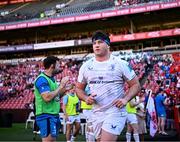 20 April 2024; Thomas Clarkson of Leinster runs out before the United Rugby Championship match between Emirates Lions and Leinster at Emirates Airline Park in Johannesburg, South Africa. Photo by Harry Murphy/Sportsfile