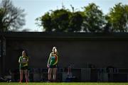 21 April 2024; Carlow substitutes Simona Noreikaite, left, and Keira Doyle react during the Electric Ireland All-Ireland Camogie Minor B semi-final match between Armagh and Carlow at Dunganny in Meath. Photo by Sam Barnes/Sportsfile