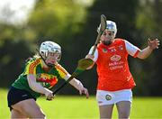 21 April 2024; Abhainn Coady of Carlow in action against Jessica Traynor of Armagh during the Electric Ireland All-Ireland Camogie Minor B semi-final match between Armagh and Carlow at Dunganny in Meath. Photo by Sam Barnes/Sportsfile