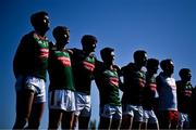 21 April 2024; Mayo players stand for Amhrán na bhFiann before the Connacht GAA Football Senior Championship semi-final match between Roscommon and Mayo at Dr Hyde Park in Roscommon. Photo by Piaras Ó Mídheach/Sportsfile