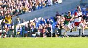 21 April 2024; Mayo goalkeeper Colm Reape runs back to his goal during the Connacht GAA Football Senior Championship semi-final match between Roscommon and Mayo at Dr Hyde Park in Roscommon. Photo by Piaras Ó Mídheach/Sportsfile