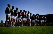 21 April 2024; Mayo players stand for Amhrán na bhFiann before the Connacht GAA Football Senior Championship semi-final match between Roscommon and Mayo at Dr Hyde Park in Roscommon. Photo by Piaras Ó Mídheach/Sportsfile
