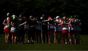 21 April 2024; The Derry team huddle ahead of the Electric Ireland All-Ireland Camogie Minor A Shield semi-final match between Derry and Wexford at Clane in Kildare. Photo by Daire Brennan/Sportsfile