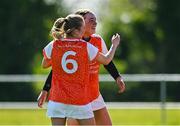 21 April 2024; Erin Murphy of Armagh, 6, and Armagh goalkeeper Sarah Connolly celebrate after their side's victory in the Electric Ireland All-Ireland Camogie Minor B semi-final match between Armagh and Carlow at Dunganny in Meath. Photo by Sam Barnes/Sportsfile