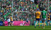 21 April 2024; Donnacha Ó Dalaigh of Limerick scores his side's second goal during the Munster GAA Hurling Senior Championship Round 1 match between Clare and Limerick at Cusack Park in Ennis, Clare. Photo by Ray McManus/Sportsfile