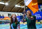 21 April 2024; Ireland flagbearers Deaten Registe and Ellen Keane during the opening ceremony on day one of the Para Swimming European Championships at the Penteada Olympic Pools Complex in Funchal, Portugal. Photo by Ramsey Cardy/Sportsfile