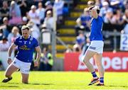 21 April 2024; Cavan players Cian Reilly, right, and Padraig Faulkner during the Ulster GAA Football Senior Championship quarter-final match between Cavan and Tyrone at Kingspan Breffni in Cavan. Photo by Seb Daly/Sportsfile