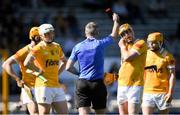 21 April 2024; Referee Shane Hynes shows Conor Boyd of Antrim, second from right, a red card during the Leinster GAA Hurling Senior Championship Round 1 match between Kilkenny and Antrim at UMPC Nowlan Park in Kilkenny. Photo by Shauna Clinton/Sportsfile