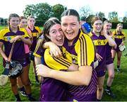 21 April 2024; Wexford players, Kate Flood, left, and Shauna Mac Sweeney celebrate after the Electric Ireland All-Ireland Camogie Minor A Shield semi-final match between Derry and Wexford at Clane in Kildare. Photo by Daire Brennan/Sportsfile