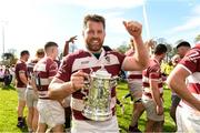 21 April 2024; Sean O Brien of Tullow RFC celebrates with the Towns Cup after the Bank of Ireland Provincial Towns Cup final match between Ashbourne RFC and Tullow RFC at Carlow RFC in Carlow. Photo by Matt Browne/Sportsfile