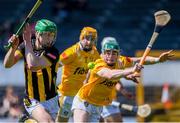 21 April 2024; Martin Keoghan of Kilkenny in action against Conal Cunning of Antrim during the Leinster GAA Hurling Senior Championship Round 1 match between Kilkenny and Antrim at UMPC Nowlan Park in Kilkenny. Photo by Shauna Clinton/Sportsfile