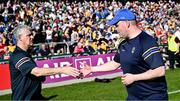 21 April 2024; Mayo manager Kevin McStay, left, and Roscommon manager Davy Burke shake hand after the Connacht GAA Football Senior Championship semi-final match between Roscommon and Mayo at Dr Hyde Park in Roscommon. Photo by Piaras Ó Mídheach/Sportsfile