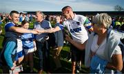 21 April 2024; Jamie Barron of Waterford is congtatulated by former Waterford hurler Maurice Shanahan after the Munster GAA Hurling Senior Championship Round 1 match between Waterford and Cork at Walsh Park in Waterford. Photo by Brendan Moran/Sportsfile