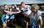 21 April 2024; Jamie Barron of Waterford is congtatulated by former Waterford hurler Maurice Shanahan after the Munster GAA Hurling Senior Championship Round 1 match between Waterford and Cork at Walsh Park in Waterford. Photo by Brendan Moran/Sportsfile