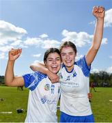 21 April 2024; Waterford players, from left, Molly Kearney and Maggie Gostl celebrate after the Electric Ireland All-Ireland Camogie Minor A semi-final match between Cork and Waterford at Kilcommon in Tipperary. Photo by Tom Beary/Sportsfile
