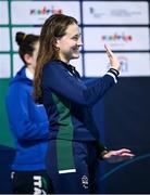 21 April 2024; Róisín Ní Ríain of Ireland on the podium after finishing second in the Women's 100m Butterfly S13 final during day one of the Para Swimming European Championships at the Penteada Olympic Pools Complex in Funchal, Portugal. Photo by Ramsey Cardy/Sportsfile