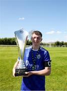 21 April 2024; Waterford & District Junior Football League captain Adam Conway with the trophy after the FAI Oscar Traynor Inter-League Cup final match between Mayo Football League and Waterford & District Junior League at Umbro Park, Milebush, Castlebar in Mayo. Photo by Michael P Ryan/Sportsfile