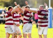 21 April 2024; Sean O Brien, 6, celebrates with team-mates, from left, Scott Calbeck, Joe Waters and Martin Cole of Tullow after the Bank of Ireland Provincial Towns Cup final match between Ashbourne RFC and Tullow RFC at Carlow RFC in Carlow. Photo by Matt Browne/Sportsfile