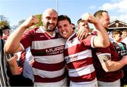 21 April 2024; Stephen Smith and Garrett Fitzgerald  of Tullow RFC celebrate after the Bank of Ireland Provincial Towns Cup final match between Ashbourne RFC and Tullow RFC at Carlow RFC in Carlow. Photo by Matt Browne/Sportsfile