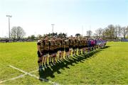 21 April 2024; The Ashbourne RFC squad stand for the National Anthem before the Bank of Ireland Provincial Towns Cup final match between Ashbourne RFC and Tullow RFC at Carlow RFC in Carlow. Photo by Matt Browne/Sportsfile