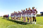 21 April 2024; Tullow RFC and Ashbourne RFC players stand for the National Anthem before the Bank of Ireland Provincial Towns Cup final match between Ashbourne RFC and Tullow RFC at Carlow RFC in Carlow. Photo by Matt Browne/Sportsfile
