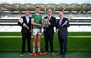 22 April 2024; In attendance at the launch of Bord Gáis Energy’s ‘That’s Hurling Energy’ campaign are, from left, Bord Gáis Energy ambassador Joe Canning, Bord Gáis Energy ambassador and Limerick hurler Gearóid Hegarty, Uachtarán Chumann Lúthchleas Gael Jarlath Burns and Bord Gáis Energy Managing Director Dave Kirwan at Croke Park in Dublin. The new campaign marks Bord Gáis Energy’s 15 years of involvement in inter county hurling and celebrates the excitement, spirit and passion that makes the GAA All-Ireland Senior Hurling Championship and its fans so unique. Photo by Sam Barnes/Sportsfile