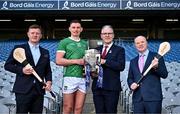 22 April 2024; In attendance at the launch of Bord Gáis Energy’s ‘That’s Hurling Energy’ campaign are, from left, Bord Gáis Energy ambassador Joe Canning, Bord Gáis Energy ambassador and Limerick hurler Gearóid Hegarty, Uachtarán Chumann Lúthchleas Gael Jarlath Burns and Bord Gáis Energy Managing Director Dave Kirwan at Croke Park in Dublin. The new campaign marks Bord Gáis Energy’s 15 years of involvement in inter county hurling and celebrates the excitement, spirit and passion that makes the GAA All-Ireland Senior Hurling Championship and its fans so unique. Photo by Sam Barnes/Sportsfile