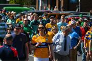 21 April 2024; Supporters of both teams walk along Francis Street, in Ennis, before the Munster GAA Hurling Senior Championship Round 1 match between Clare and Limerick at Cusack Park in Ennis, Clare. Photo by Ray McManus/Sportsfile