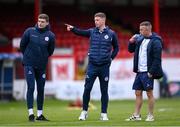 22 April 2024; Shelbourne players, from left, Sean Gannon, Kameron Ledwidge and Keith Ward before the SSE Airtricity Men's Premier Division match between Shelbourne and Shamrock Rovers at Tolka Park in Dublin. Photo by Stephen McCarthy/Sportsfile
