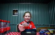 22 April 2024; Shelbourne supporter Olivia Duffy, aged seven, from Mulhuddart in Dublin before the SSE Airtricity Men's Premier Division match between Shelbourne and Shamrock Rovers at Tolka Park in Dublin. Photo by Shauna Clinton/Sportsfile