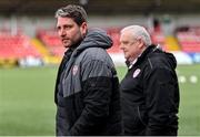 22 April 2024; Derry City manager Ruaidhrí Higgins, left, before the SSE Airtricity Men's Premier Division match between Derry City and St Patrick's Athletic at The Ryan McBride Brandywell Stadium in Derry. Photo by Piaras Ó Mídheach/Sportsfile