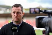 22 April 2024; St Patrick's Athletic manager Jon Daly is interviewed for LOITV before the SSE Airtricity Men's Premier Division match between Derry City and St Patrick's Athletic at The Ryan McBride Brandywell Stadium in Derry. Photo by Piaras Ó Mídheach/Sportsfile