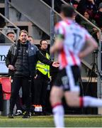 22 April 2024; Derry City manager Ruaidhrí Higgins during the SSE Airtricity Men's Premier Division match between Derry City and St Patrick's Athletic at The Ryan McBride Brandywell Stadium in Derry. Photo by Piaras Ó Mídheach/Sportsfile